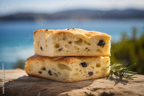 traditional italian flatbread, ligurian focaccia with rosemary and olives, with a mediterranean sea background, created with generative ai photo