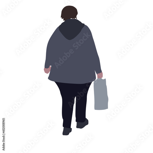 Vector drawing of a walking plump woman in autumn clothes. Flat image. City infographic