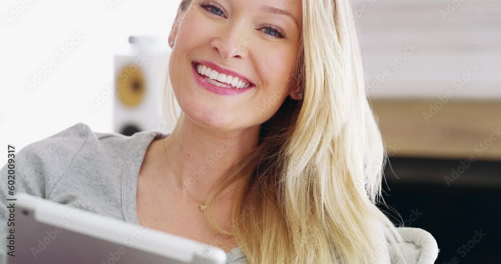 Portrait, smile or woman on sofa with tablet in living room in house on social media, reading email or ebook. Internet, search or happy girl on home couch for networking, communication or online blog