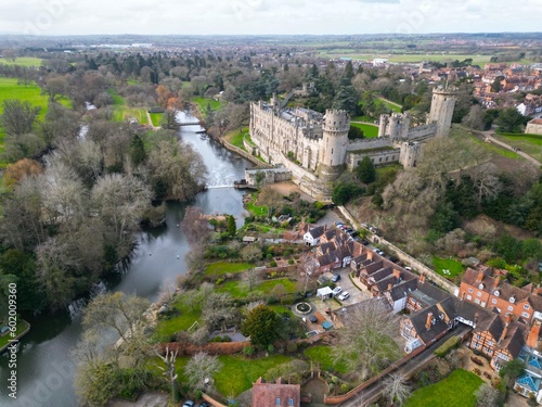 River side gardens Warwick Castle Warwickshire UK Drone, Aerial, .