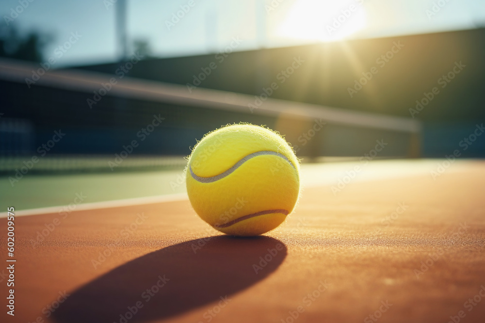 Yellow tennis ball lies on the court next to the tennis net. Tennis competitions, sports equipment. Generated by AI