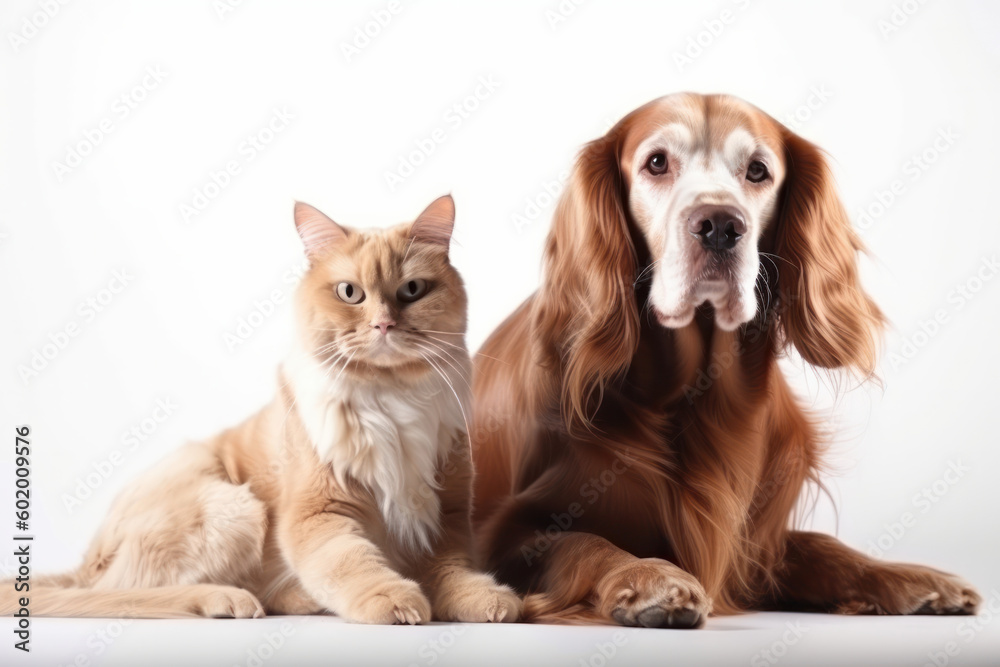 A heartwarming display of love and trust between two pets, a dog and cat, as they sit together peacefully. - AI Generative