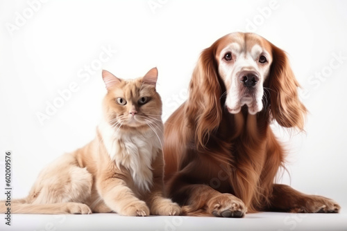 A heartwarming display of love and trust between two pets, a dog and cat, as they sit together peacefully. - AI Generative