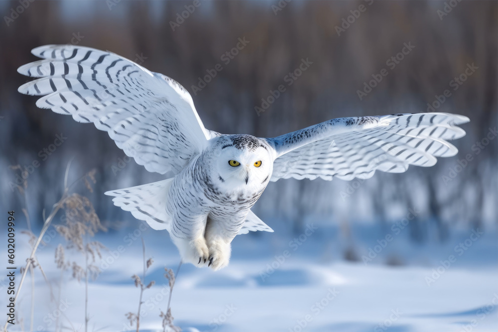Naklejka premium Snowy owl in flight. Generative AI.