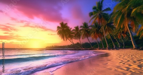 Sunset on the beach with palm trees. Generative AI. © hugo