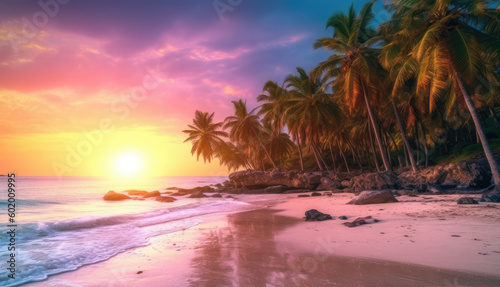 Sunset on the beach with palm trees. Generative AI.