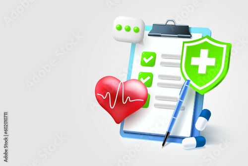 Medical clipboard communication, management service page, medical test. Vector illustration