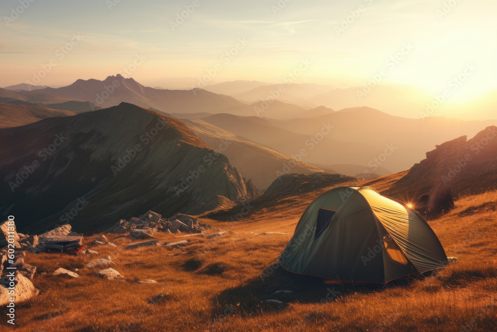 Enjoy the peacefulness of the wilderness with a tent pitched against a mountainous backdrop during a beautiful sunset. Perfect for relaxation and solitude. AI Generative.