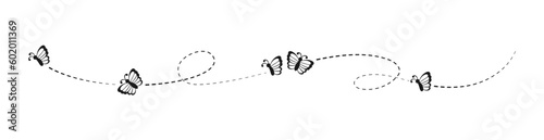 Flying Butterfly Silhouette Separator Border. Beautiful butterflies with open wings trail. Vector design elements for spring and summer.