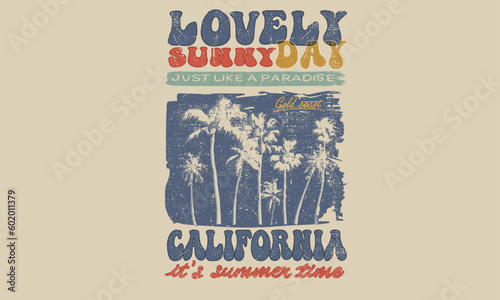 California surfing print artwork. Lovely sunny day. Summer vibes, beach hand sketch graphic print with tropical flower design for t shirt print, poster, sticker, background and other uses. 