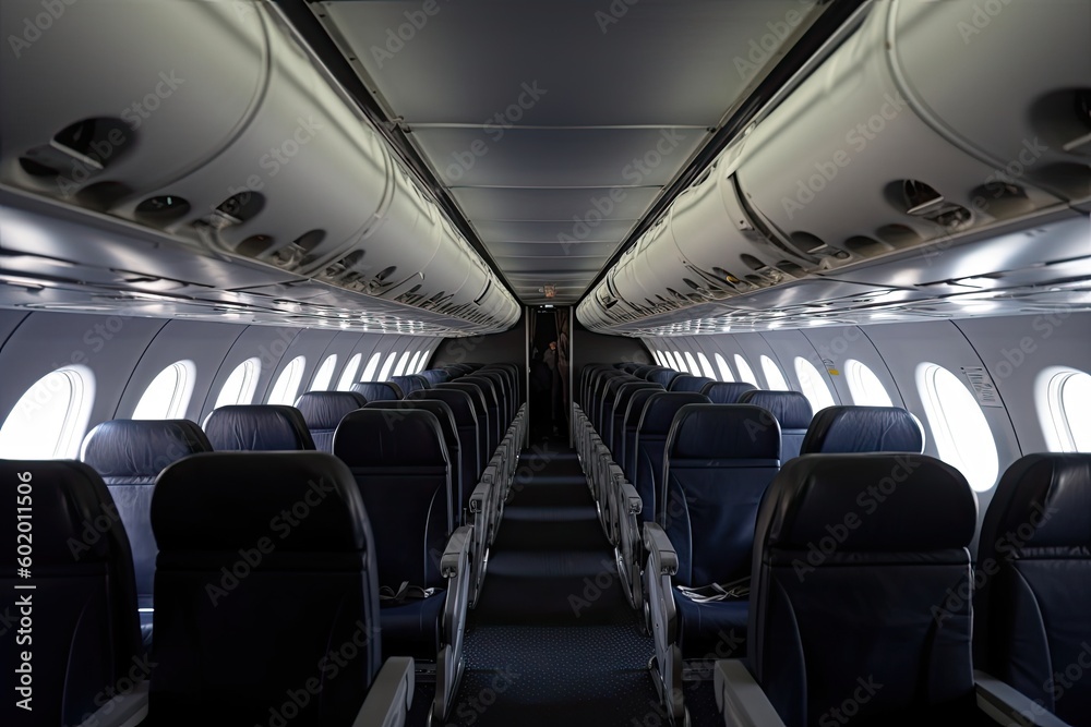 Interior of a passenger plane. Generative AI.