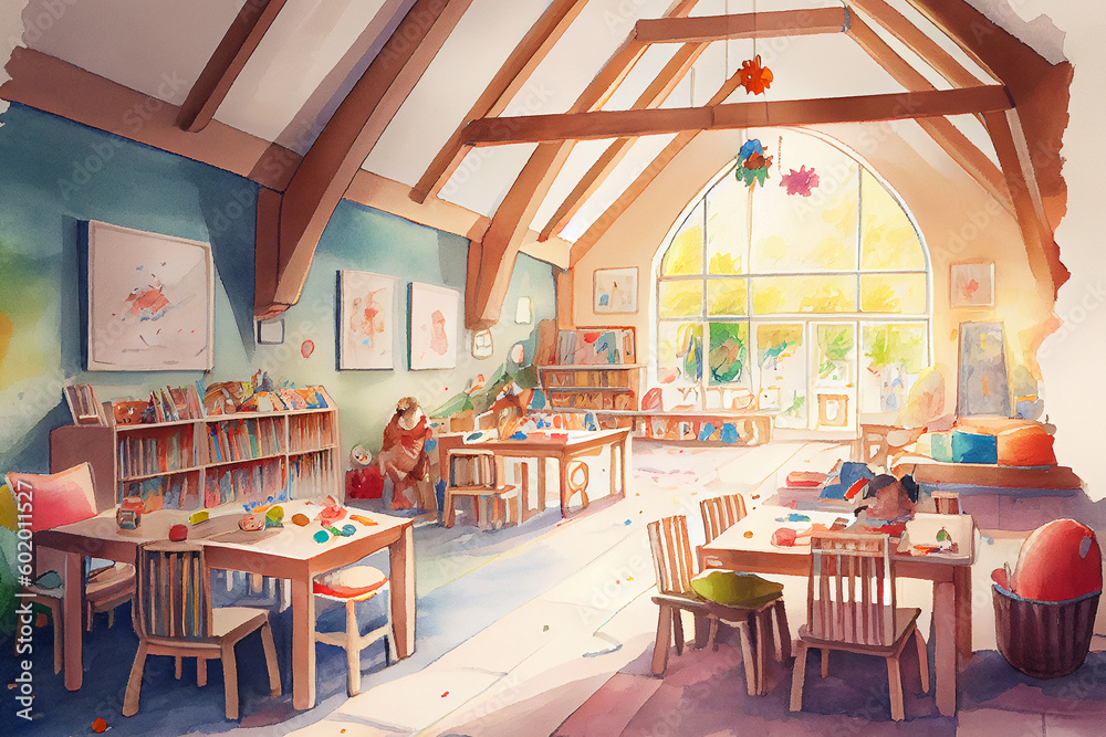 A warm and inviting illustration of a cozy kindergarten, with colorful toys, generative ai