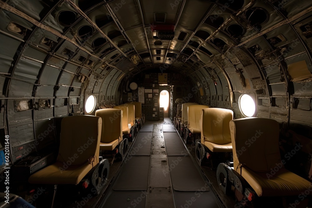 Interior of a passenger plane. Generative AI.