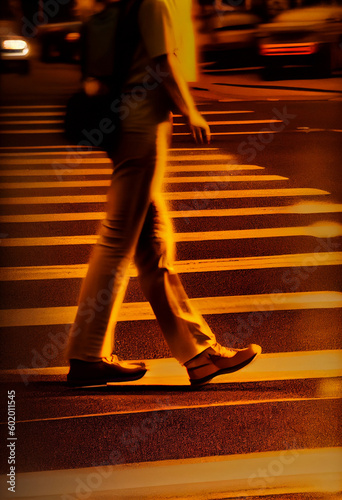 Blurred image of a man walking across the street with the bright light , AI Generated