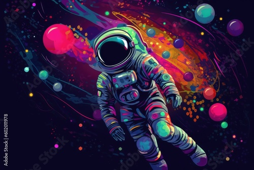 Astronauts flying in space with colorful planets. Generative AI.   © hugo
