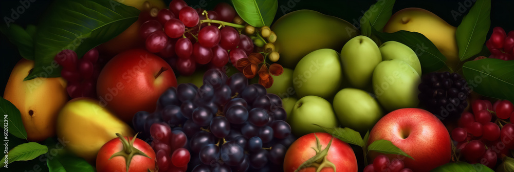 Tropical rainforest fruits strawberries grapes apples prun Generative AI Tropical rainforest fruits strawberries grapes apples prun Generative AI