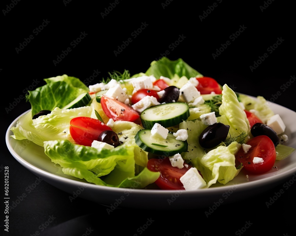 Greek salad with crunchy romaine lettuce, juicy cucumbers, ripe tomatoes, tangy feta cheese, and pitted olives Greek salad with crunchy romaine lettuce, juicy cucumbers, ripe tomatoes, tangy feta cheese, and pitted olives
