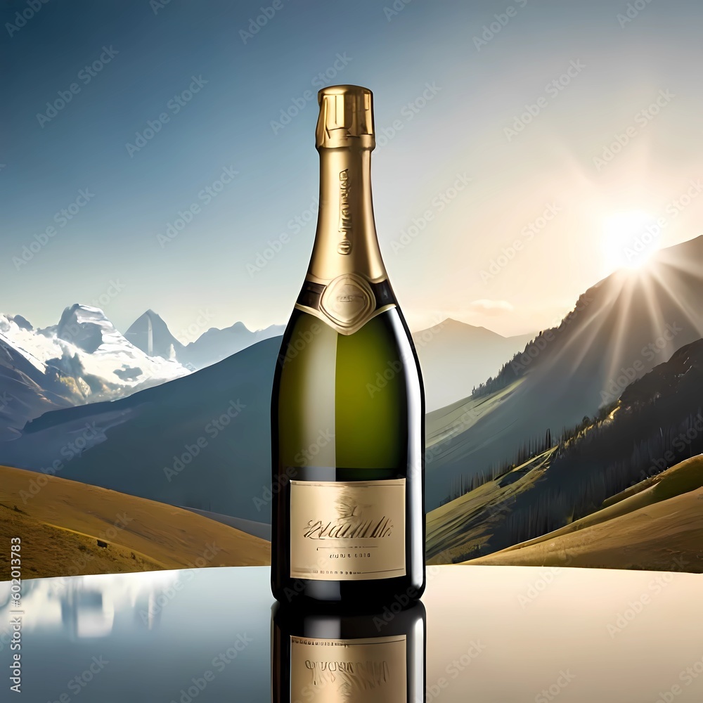 Flasche für Wein, Sekt, Eiswein oder Champagner vor Berglandschaft