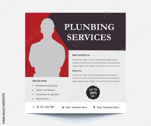 Plumbing service social media post design. Professional plumbing service flyer poster template.