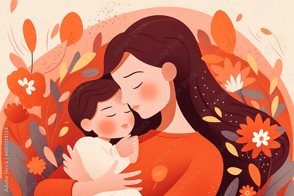 Simple and Elegant Mother's Day Poster: Gentle Mother Holding Cute Child in Flat-Illustration, Cozy Living Room, Warm Colors Simple and Elegant Mother's Day Poster: Gentle Mother Holding Cute Child in Flat-Illustration, Cozy Living Room, Warm Colors