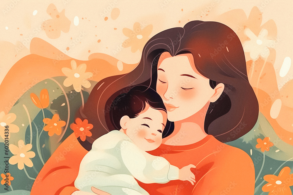 Simple and Elegant Mother's Day Poster: Gentle Mother Holding Cute Child in Flat-Illustration, Cozy Living Room, Warm Colors