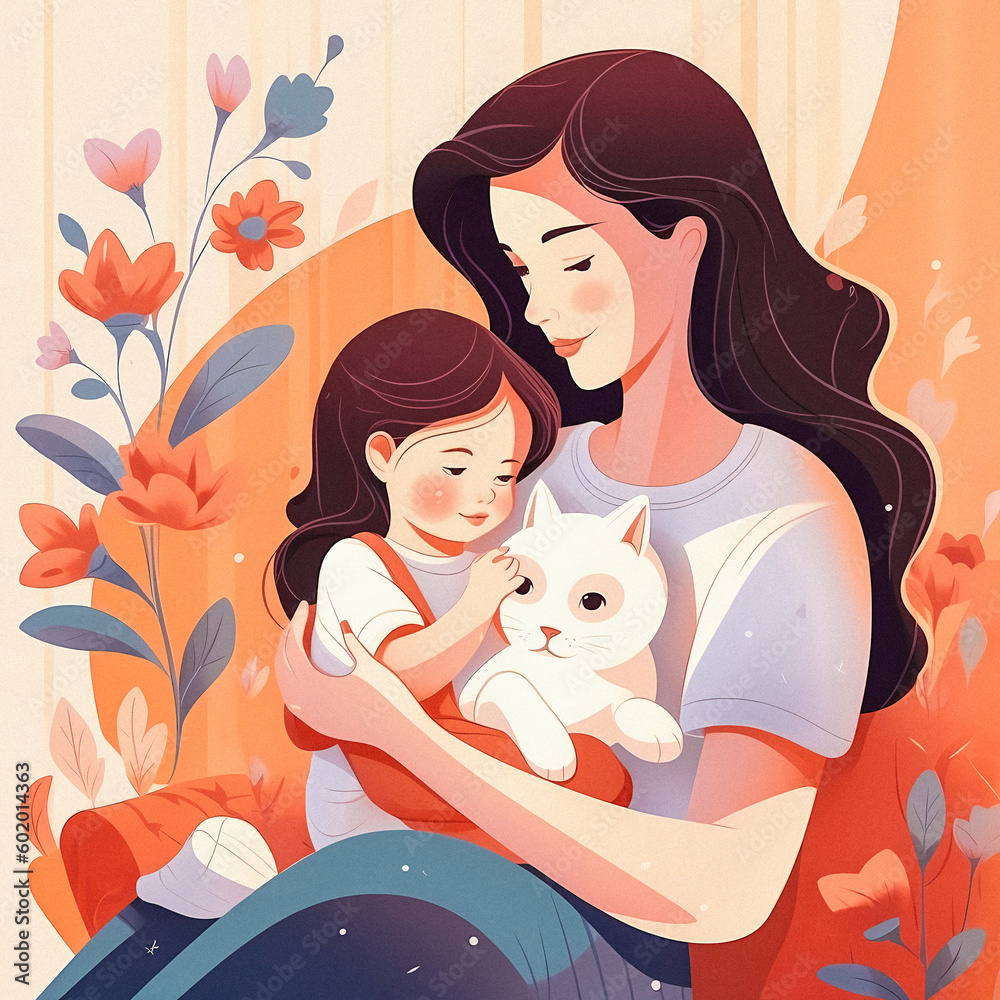 Simple and Elegant Mother's Day Poster: Gentle Mother Holding Cute Child in Flat-Illustration, Cozy Living Room, Warm Colors Simple and Elegant Mother's Day Poster: Gentle Mother Holding Cute Child in Flat-Illustration, Cozy Living Room, Warm Colors