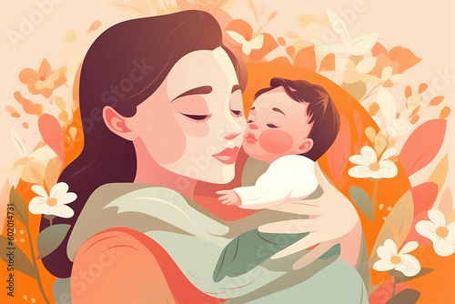 Cozy Living Room Mother's Day Poster: Loving Mother and Child Bonding, Flat-Illustration, Warm Colors, Sparkling Eyes