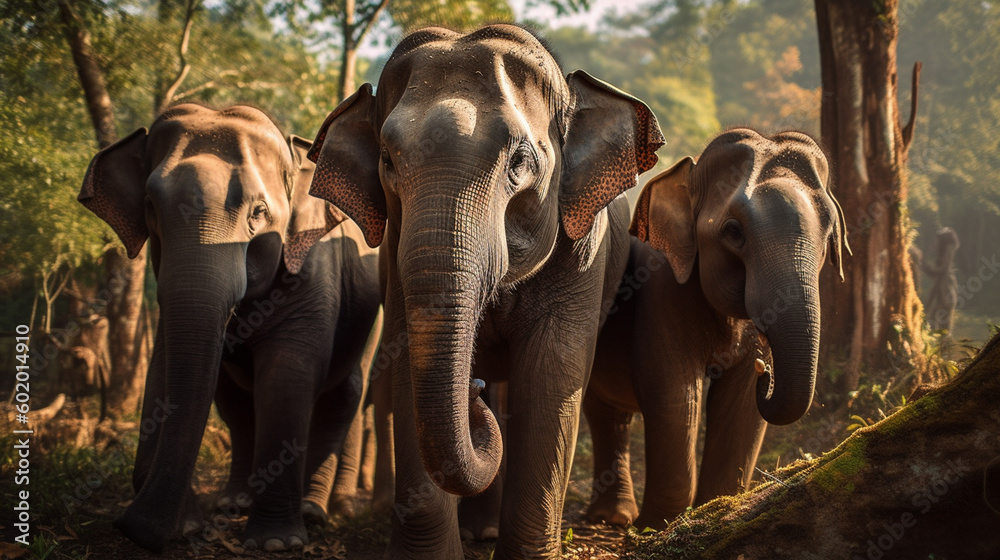Fototapeta premium Elephants walking on a dirt road
