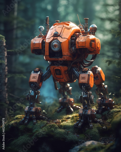 orange robot is standing in the middle of the forest Generative AI