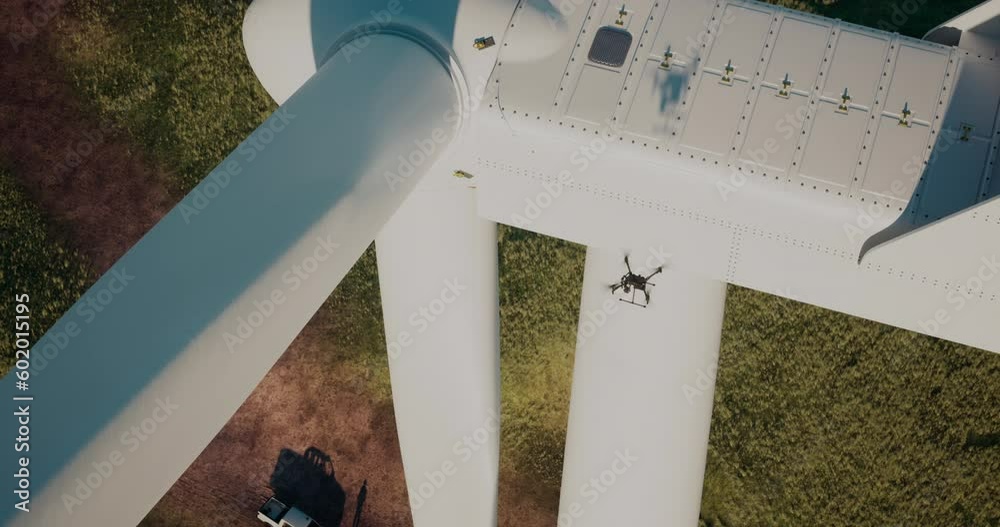 AERIAL Industrial drone flying near wind turbine, gathering video data for inspection and service