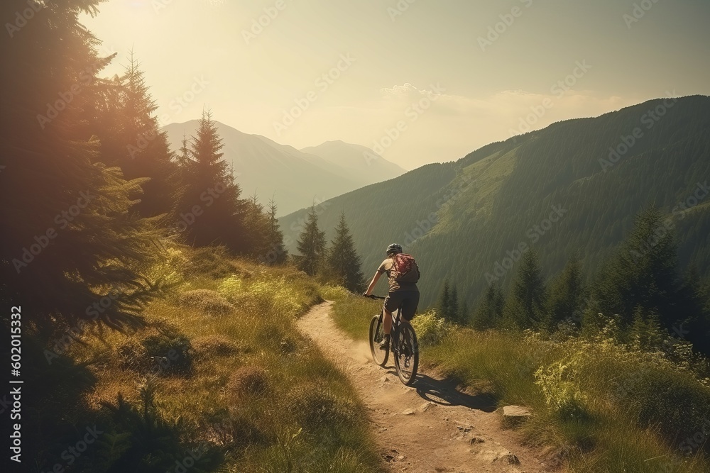 Fototapeta premium Biking woman mountain sunset. Generate Ai