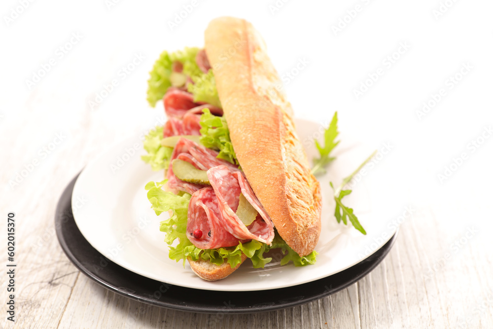 sandwich- baguette with lettuce and salami