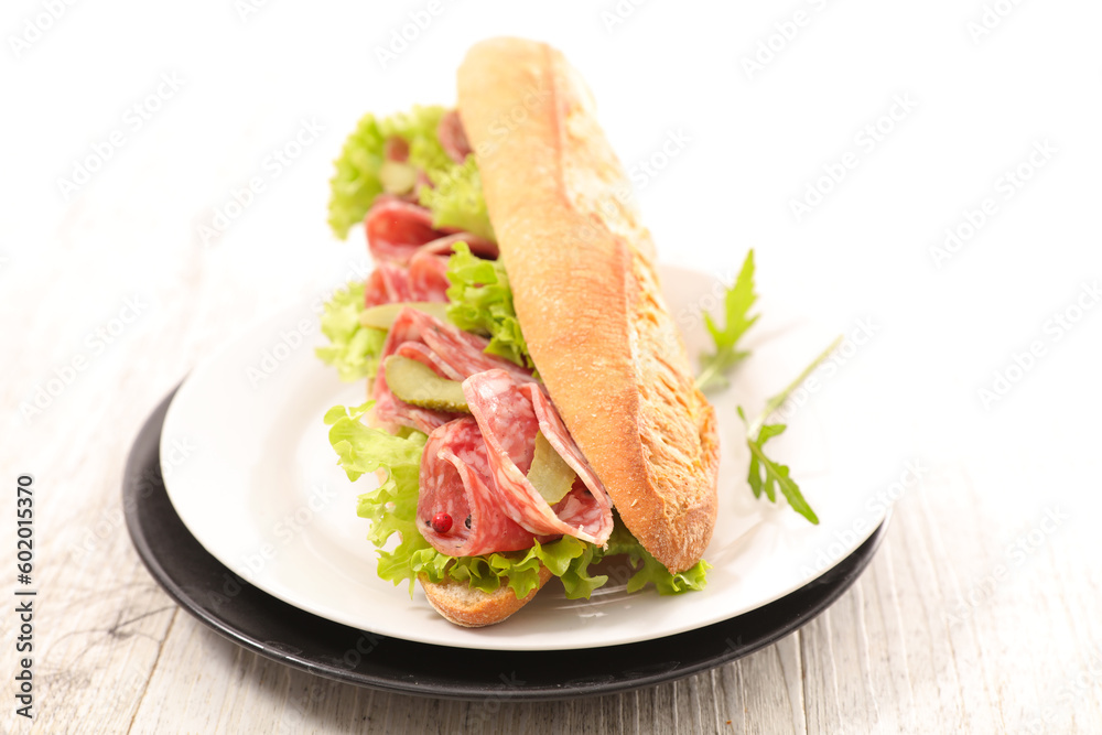 sandwich- baguette with lettuce and salami sandwich- baguette with lettuce and salami