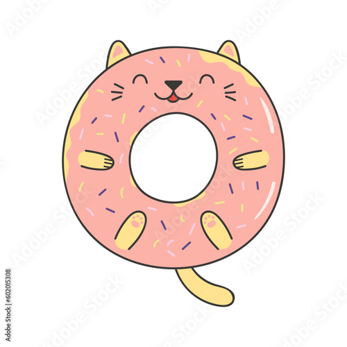 Cute donut with kawaii cat face cartoon character illustration. Hand drawn style design, line art, isolated vector. Kids print element, food logo, sweets, dessert, baking, bakery, cafe menu