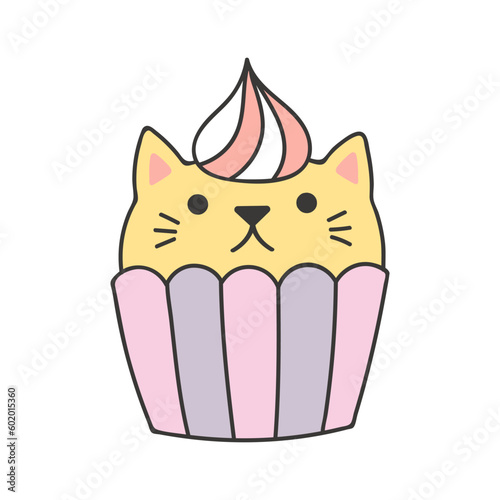 Cute cupcake with kawaii cat face cartoon character illustration. Hand drawn style design, line art, isolated vector. Kids print element, food logo, sweets, dessert, baking, bakery, cafe menu