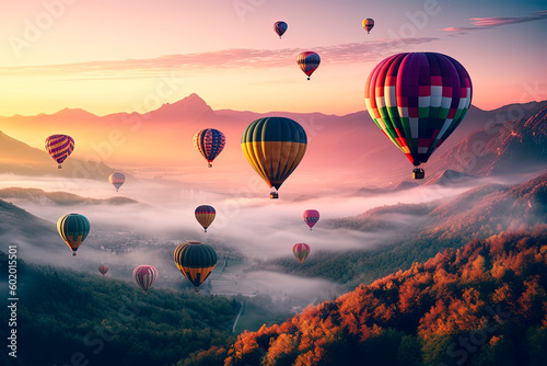 A group of hot air balloons flying over a mountains. Generative AI