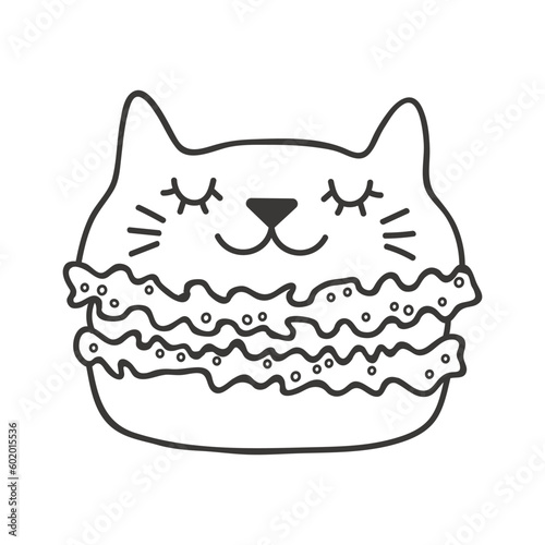 Cute macaron with kawaii cat face cartoon character illustration. Hand drawn style design, line art, isolated vector. Black and white coloring pages. Print element, logo, sweet food, cafe menu