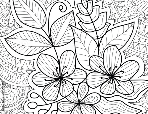 Decorative floral detailed mehndi design style coloring book page illustration 