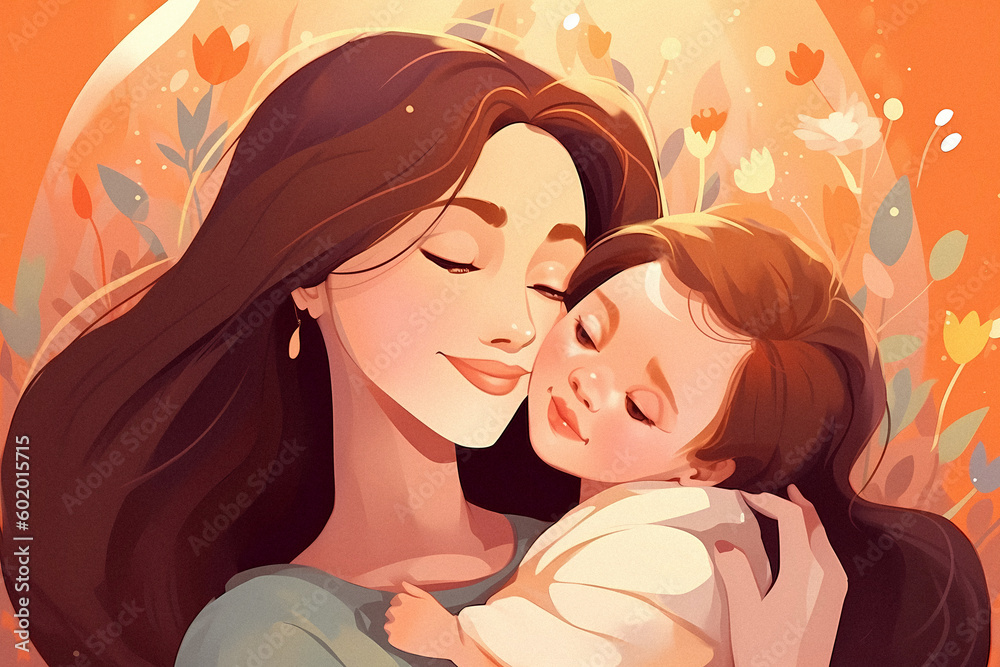 Mother's Day Poster: Gentle Mother and Cute Child in Cozy Living Room, Flat-Style Illustration, Warm Colors, Sparkling Eyes