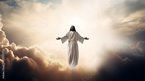 Jesus standing on clouds with arms outstretched in the sky, daz3d style, petrina hicks, frank mccarthy. photo