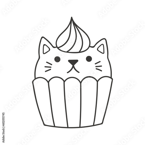 Cute cupcake with kawaii cat face cartoon character illustration. Hand drawn style design, line art, isolated vector. Black and white coloring pages. Print element, logo, sweet food, cafe menu