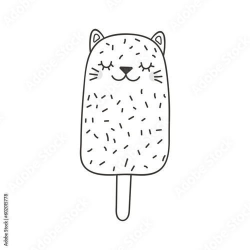 Cute ice cream bar with kawaii cat face cartoon character illustration. Hand drawn style design, line art, isolated vector. Black and white coloring pages. Print element, logo, sweet food, cafe menu