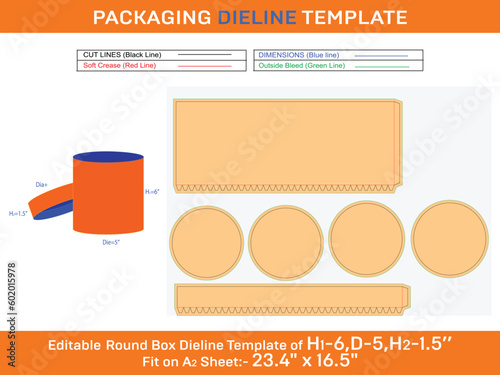 Hat box, round lid gift box dieline template with the dimension H1 6, D 5,  H2 1.5 inch