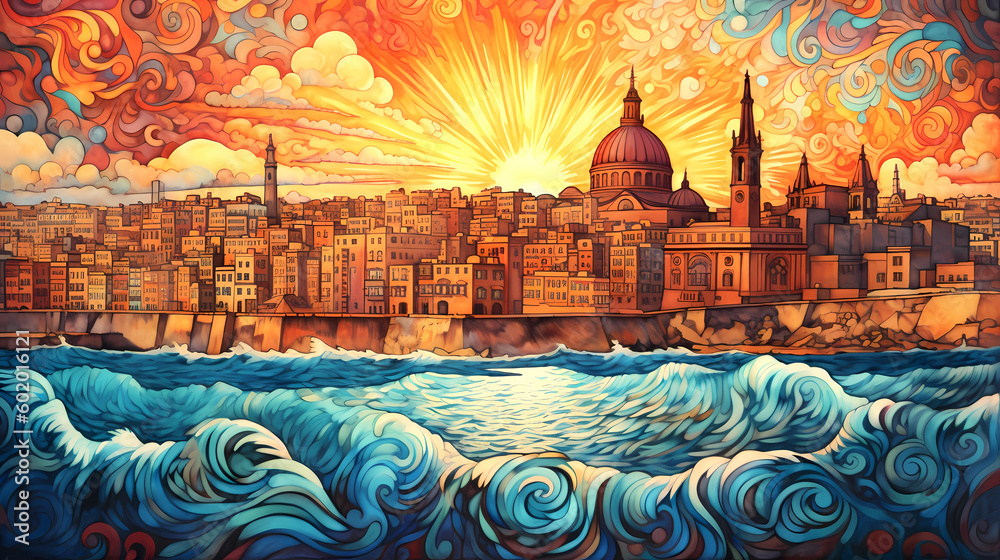 Illustration of beautiful view of Valletta, Malta