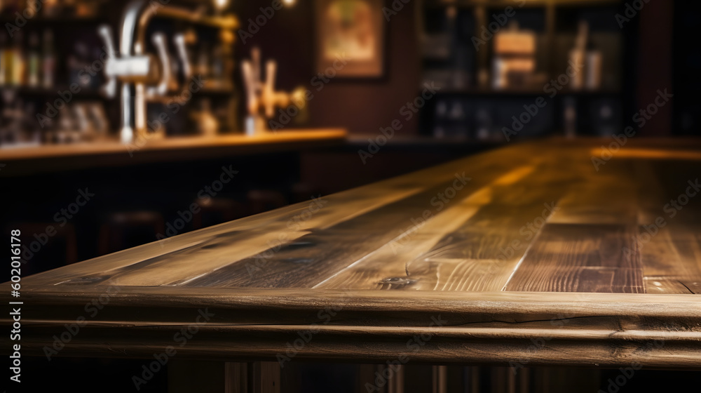 Pub bar counter with wooden table background.