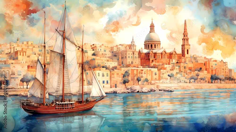 Illustration of beautiful view of Valletta, Malta