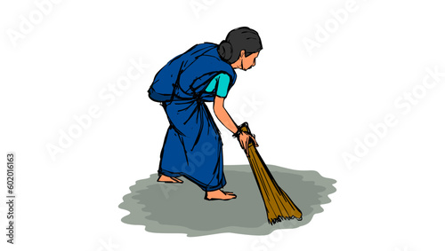 A woman sweeps the floor