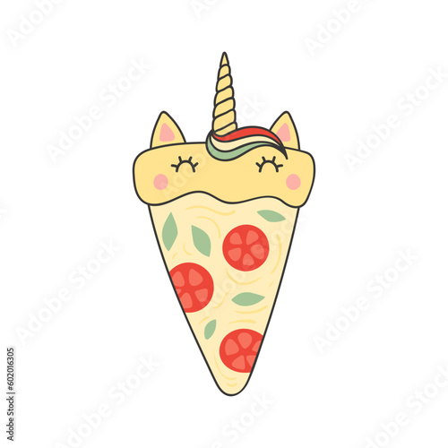 Cute pizza slice with kawaii unicorn face cartoon character illustration. Hand drawn style design, line art, isolated vector. Kids print element, food logo, baking, cooking, cafe menu
