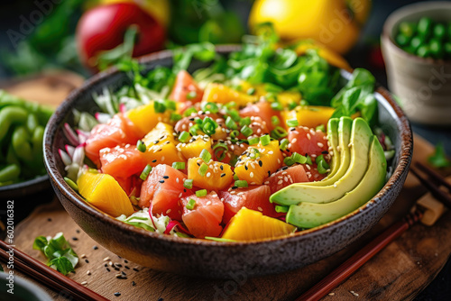 Colorful bowl of poke bowl with fresh salmon, avocado, mango, and sesame seeds