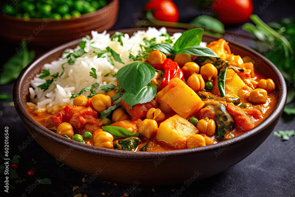 Bowl of vibrant vegetable curry with chickpeas and basmati rice Bowl of vibrant vegetable curry with chickpeas and basmati rice